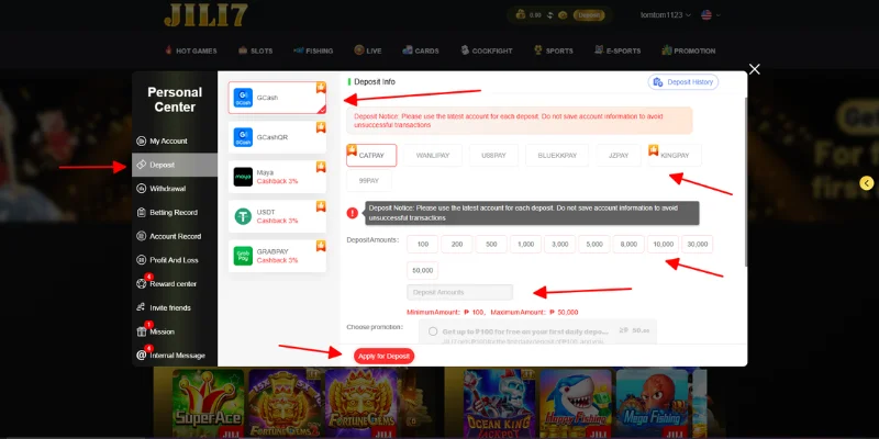 Select payment method, enter amount and deposit